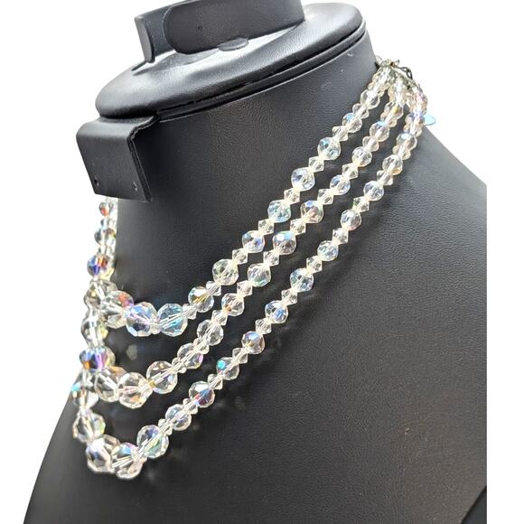 Vtg Graduated Three Strand Czech Faceted Clear & AB Crystal 13"-15.5" Necklace - Picture 2 of 8